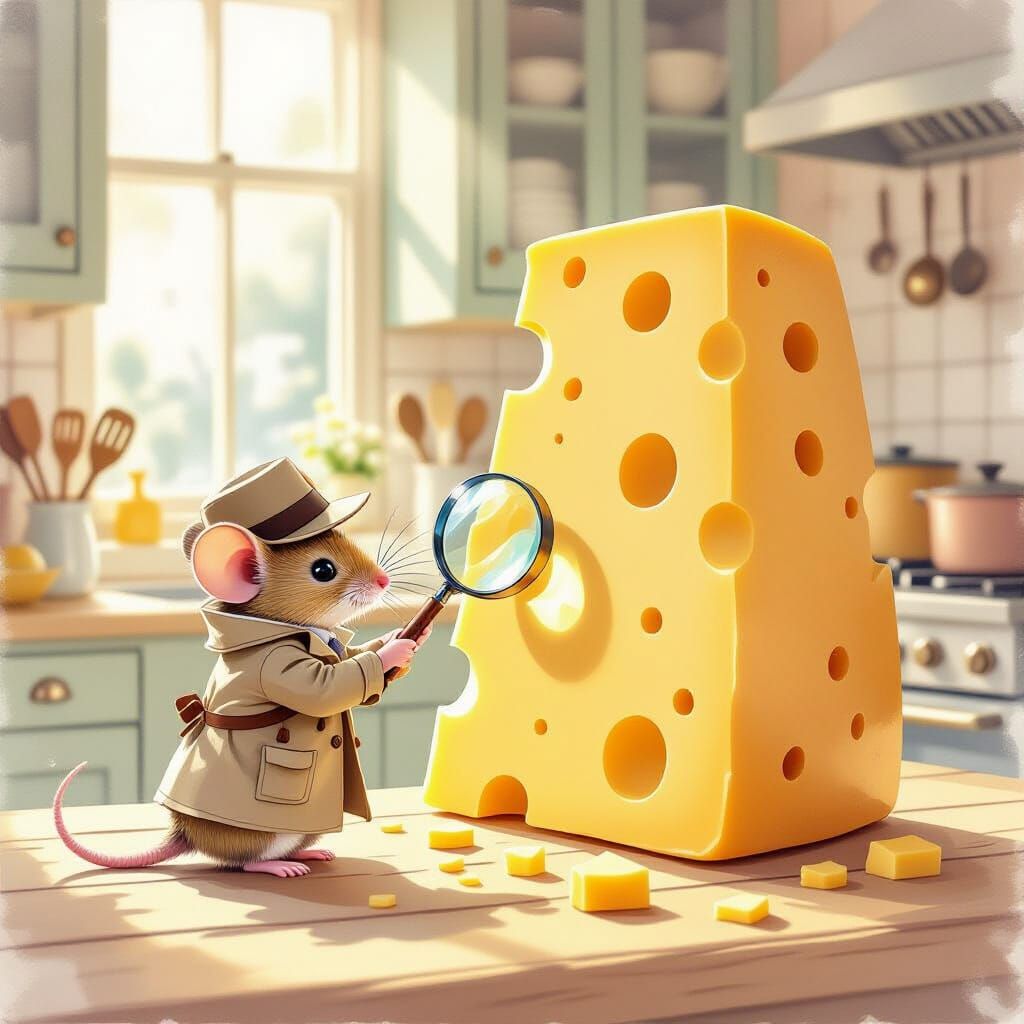 Mouse Detective Investigates Cheese, Watercolor Style