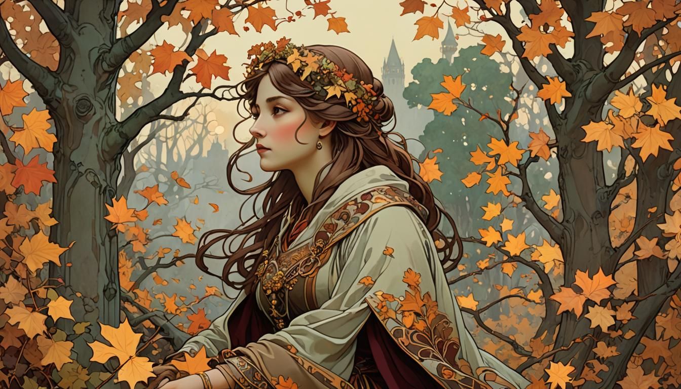 Autumn Sunset Scene in Art Nouveau Style