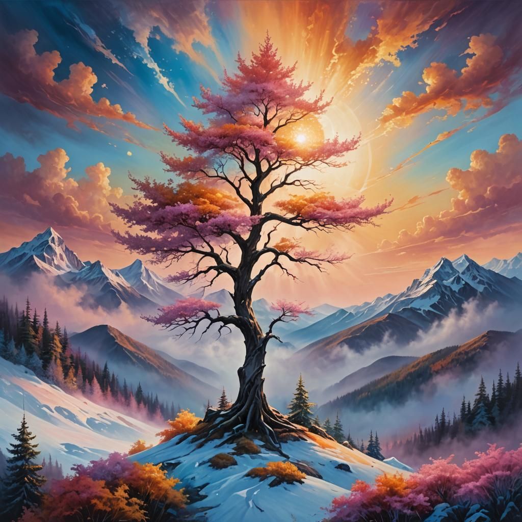Glowing Tree on Crystal Mountain in Surreal Oil Painting