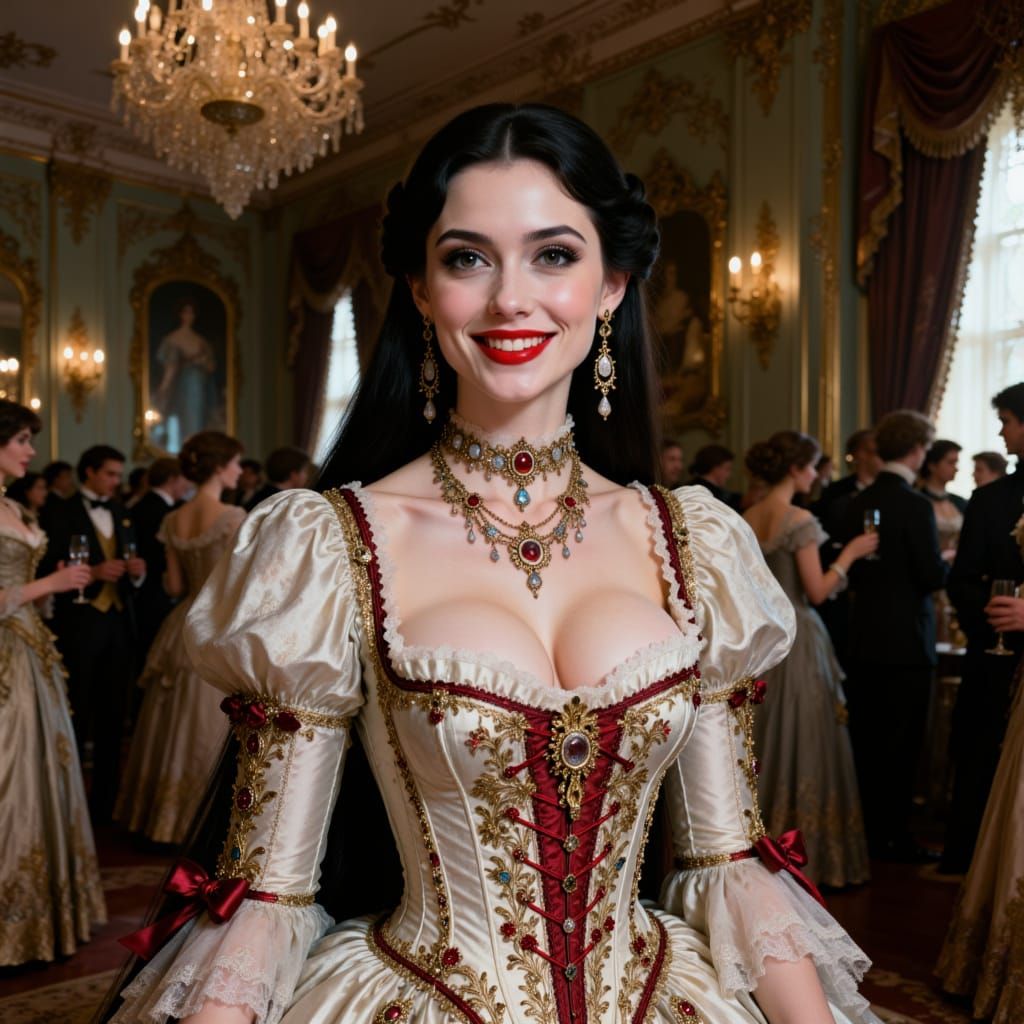 Victorian Woman in Elegant White, Red, and Gold Dress
