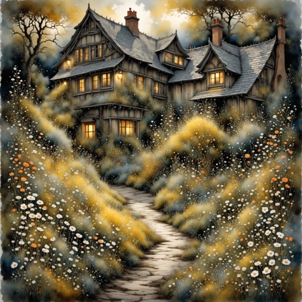 Sunlit Garden in Dark Backyard, Watercolor Style