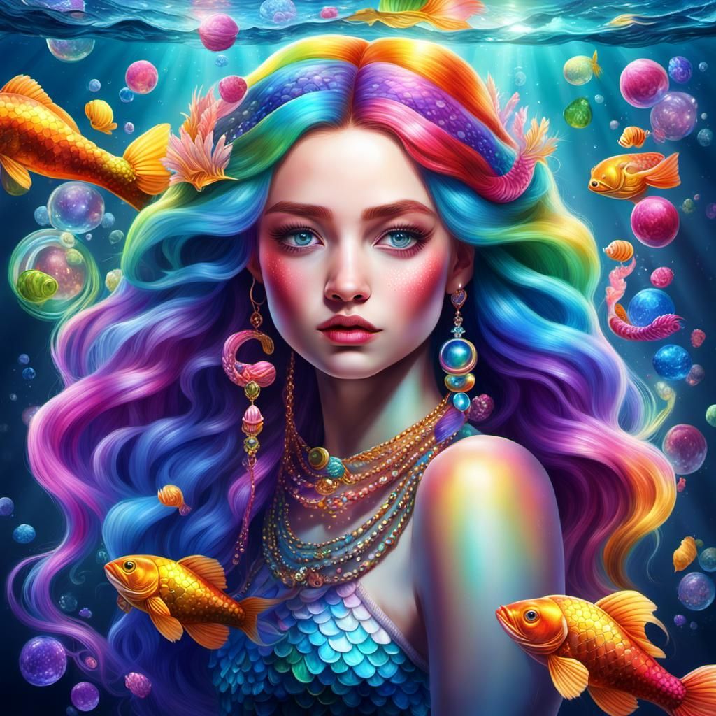 Greek goddess mermaid extremely long rainbow colour hair jewellery