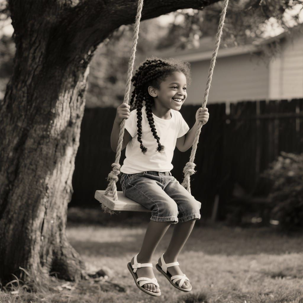 Sepia Portrait of Girl Swinging on Tree