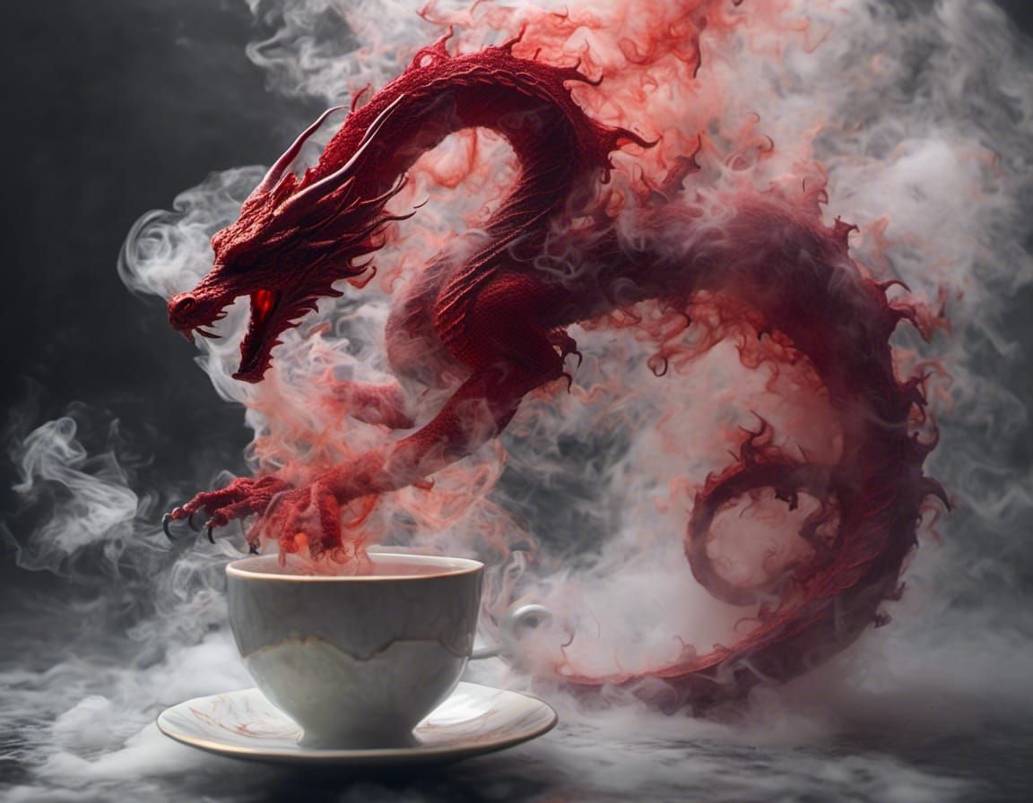 Fiery Dragon Emerges From Steaming Cup of Tea