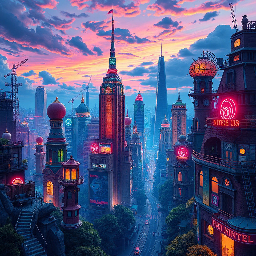 Surreal Cityscape at Dusk in Vibrant Colors