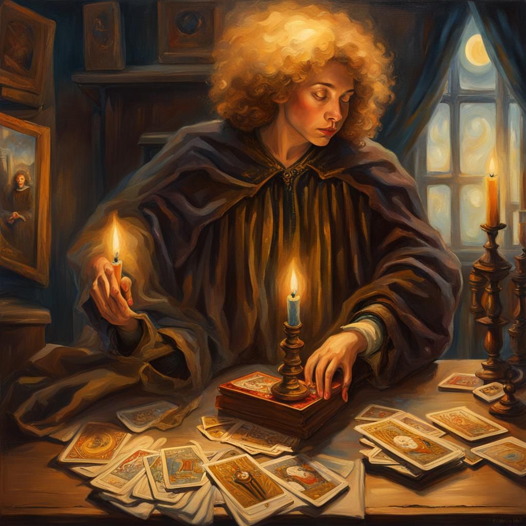 Woman Reading Tarot Cards in Imaginative Realism Style