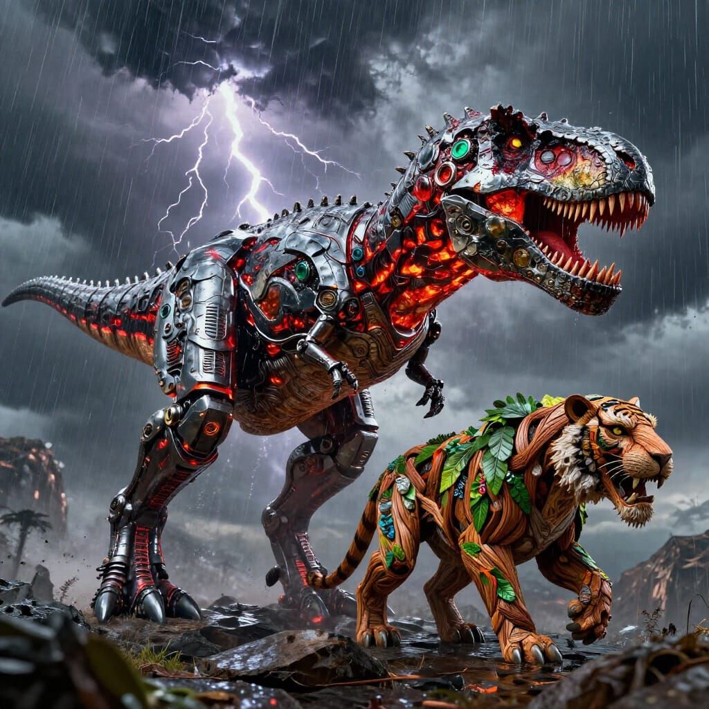 Metal Magma T-Rex in Thunderstorm