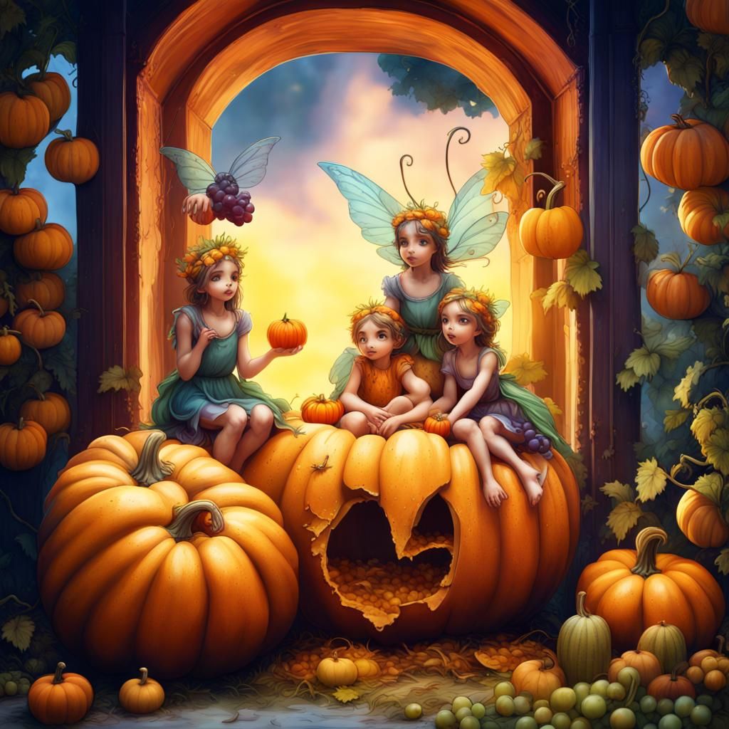Fairies in Pumpkin Patch: Fantasy Concept Art