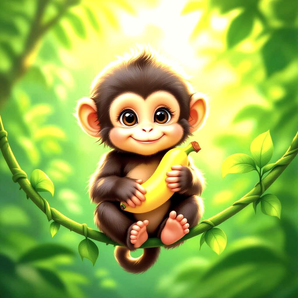 Cute Fluffy Baby Monkey with Banana in Rainforest