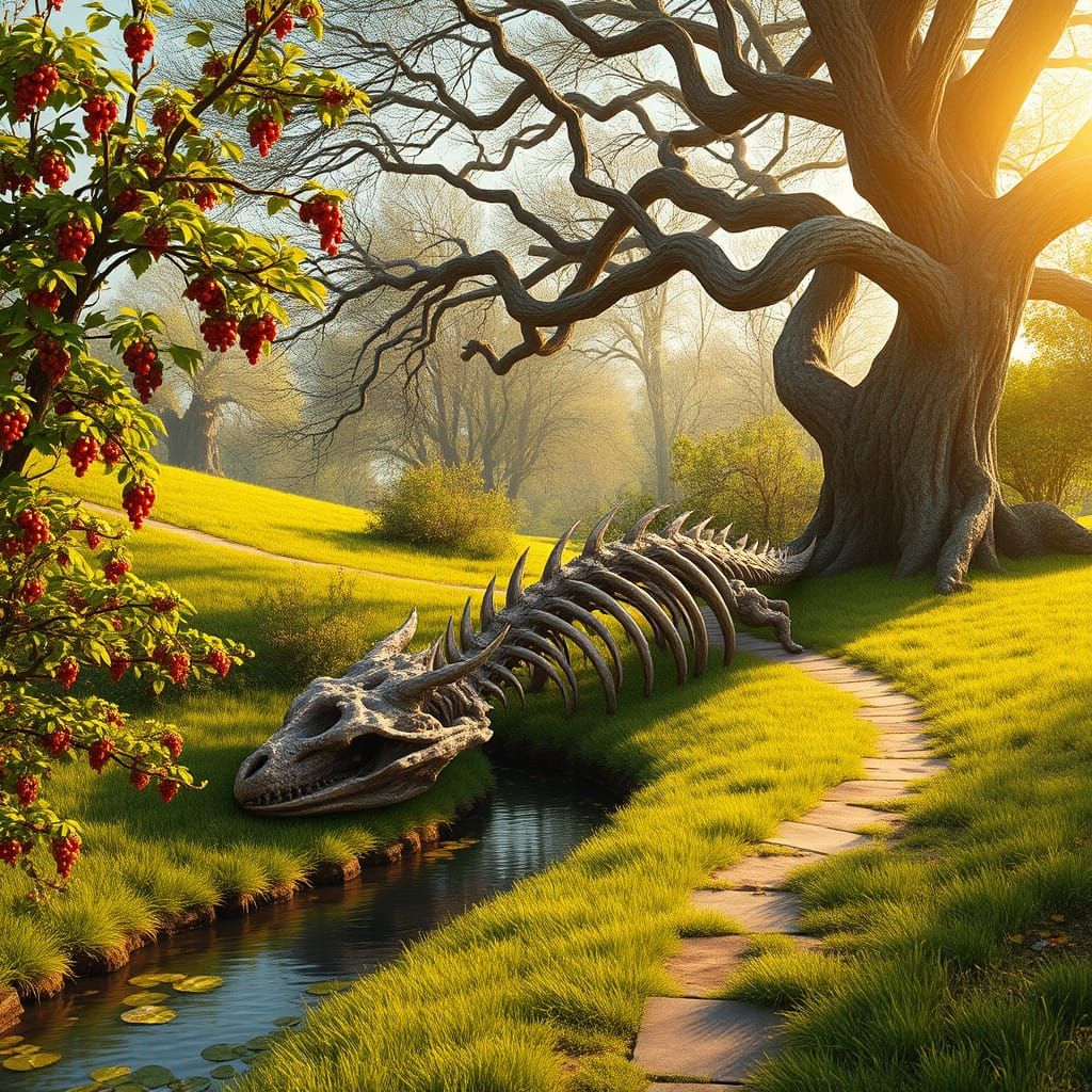 Vibrant Spring Landscape with Majestic Dragon Skeleton