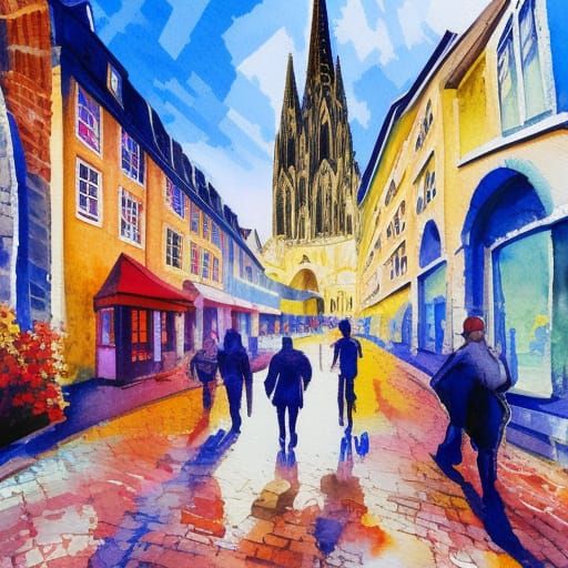 Cologne Street Scene in Gouache Watercolor Style