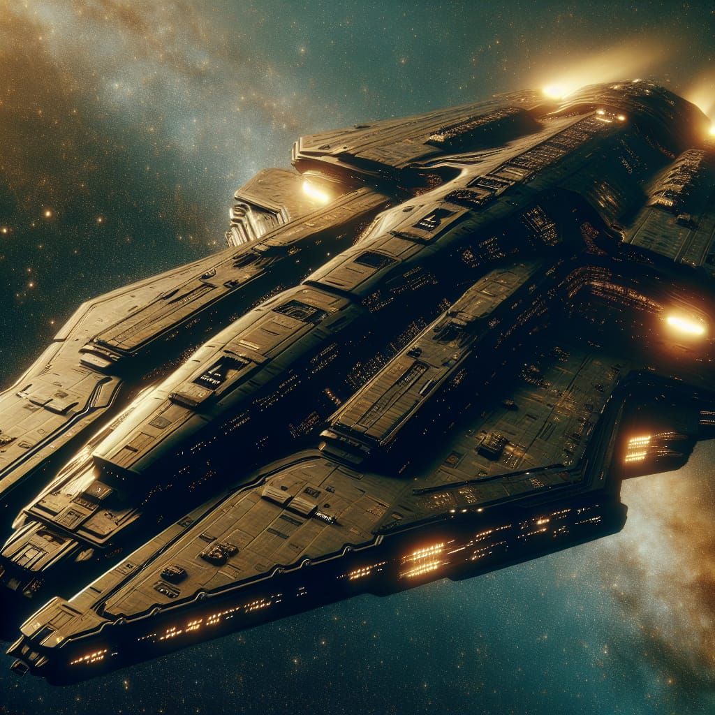 Colossal Dark Gold Spaceship Dominating Deep Space