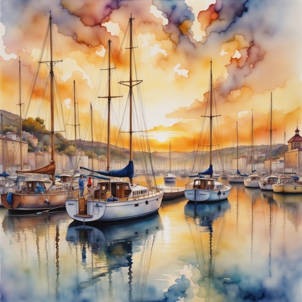 Marseilles Harbor at Dawn: Watercolor Marina Scene