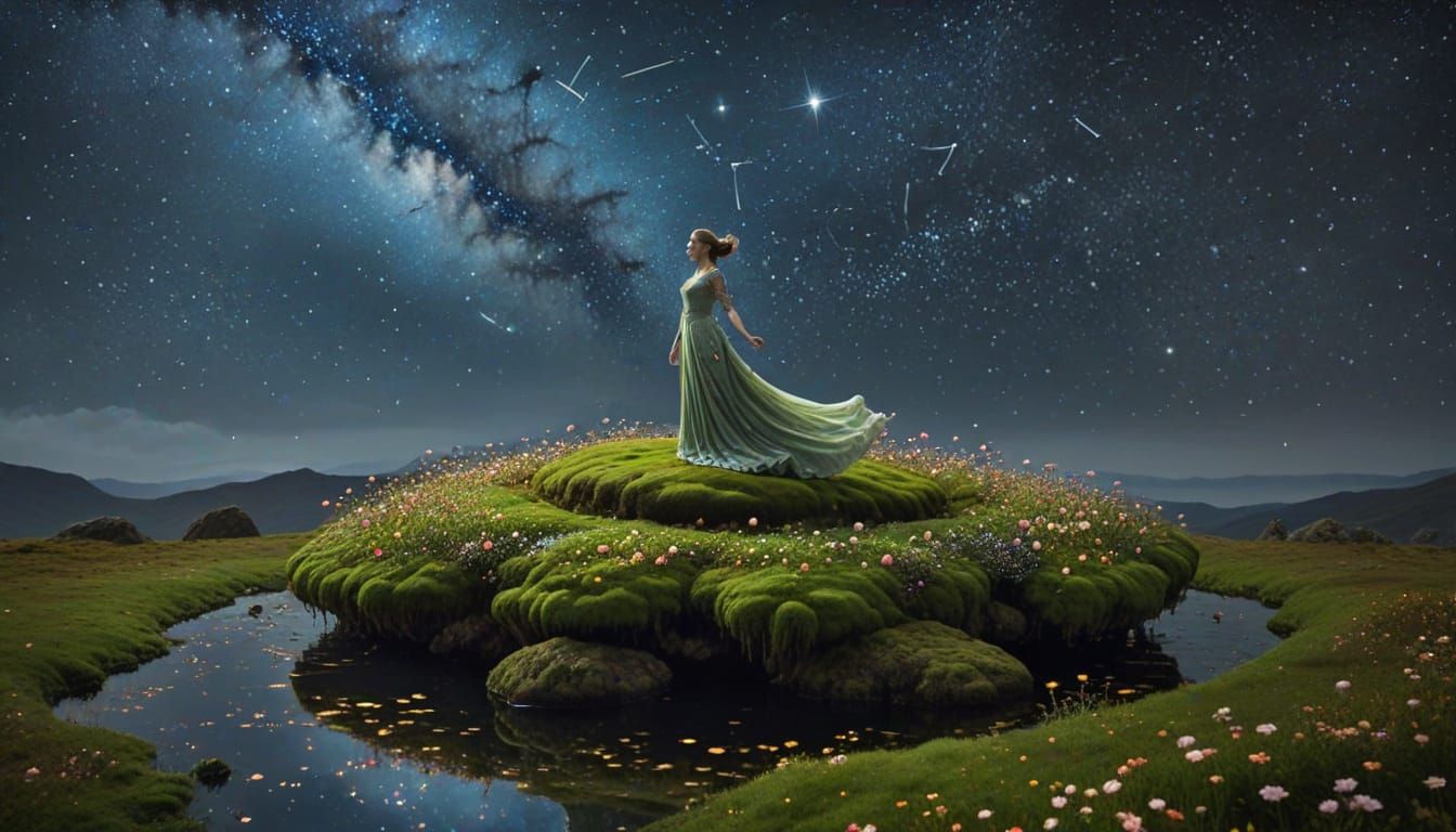 Woman in Classical Gown on Floating Island Amidst Celestial ...
