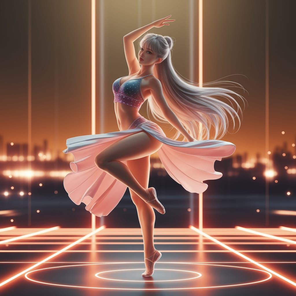 Woman Dancing with Flowing Hair in Neon Light