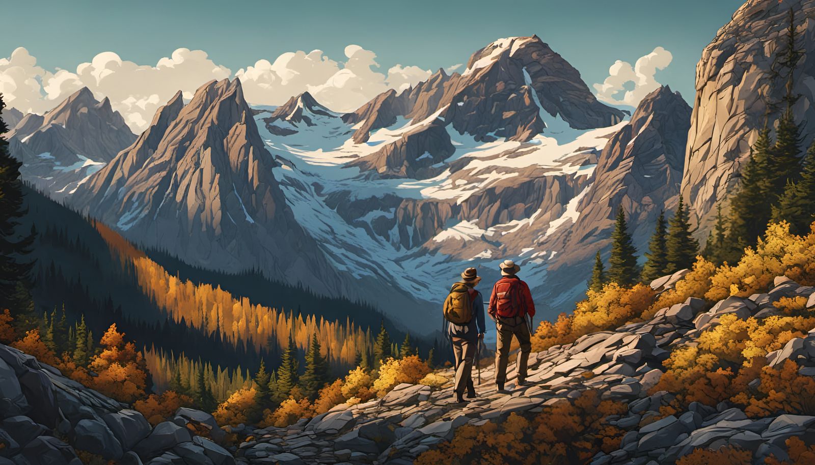 Hikers in the Rocky Mountains: Hyperrealistic Illustration