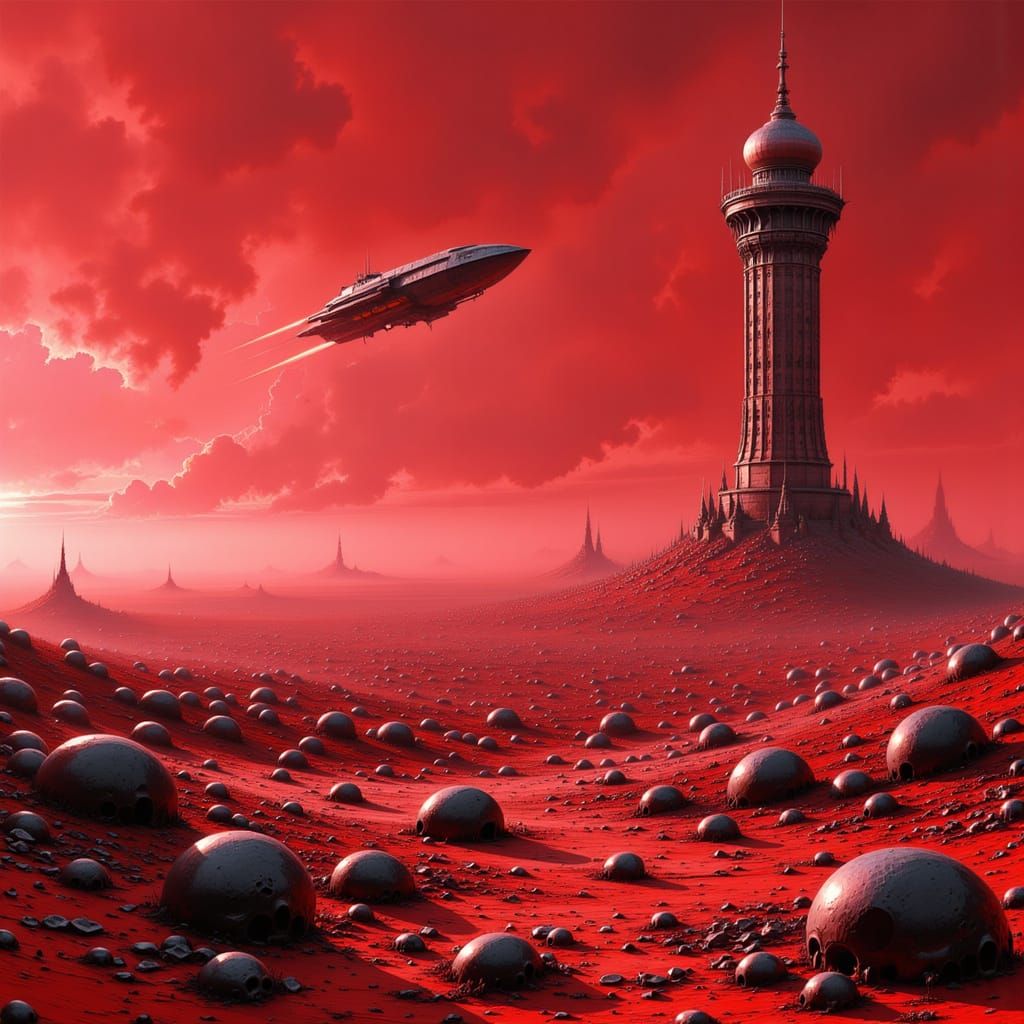 Ominous Alien Planet With Blood Tower and Spaceship