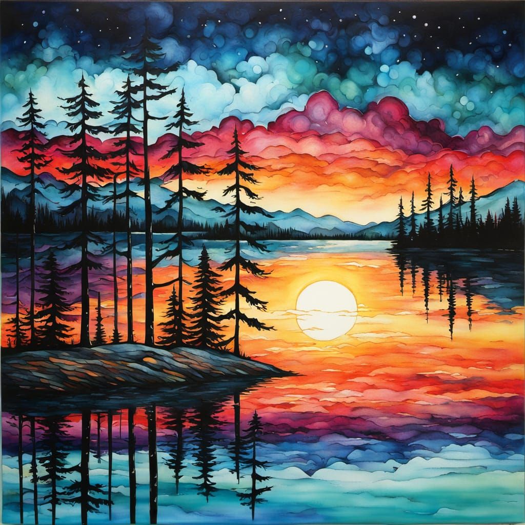 Colorful Sunset Over Forest Lake with Loon