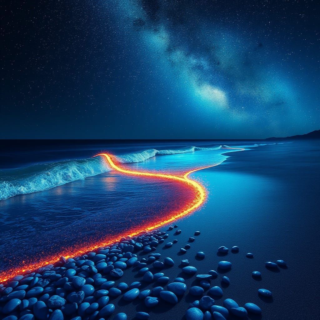 Glowing Seaside Scene at Night with Milky Way