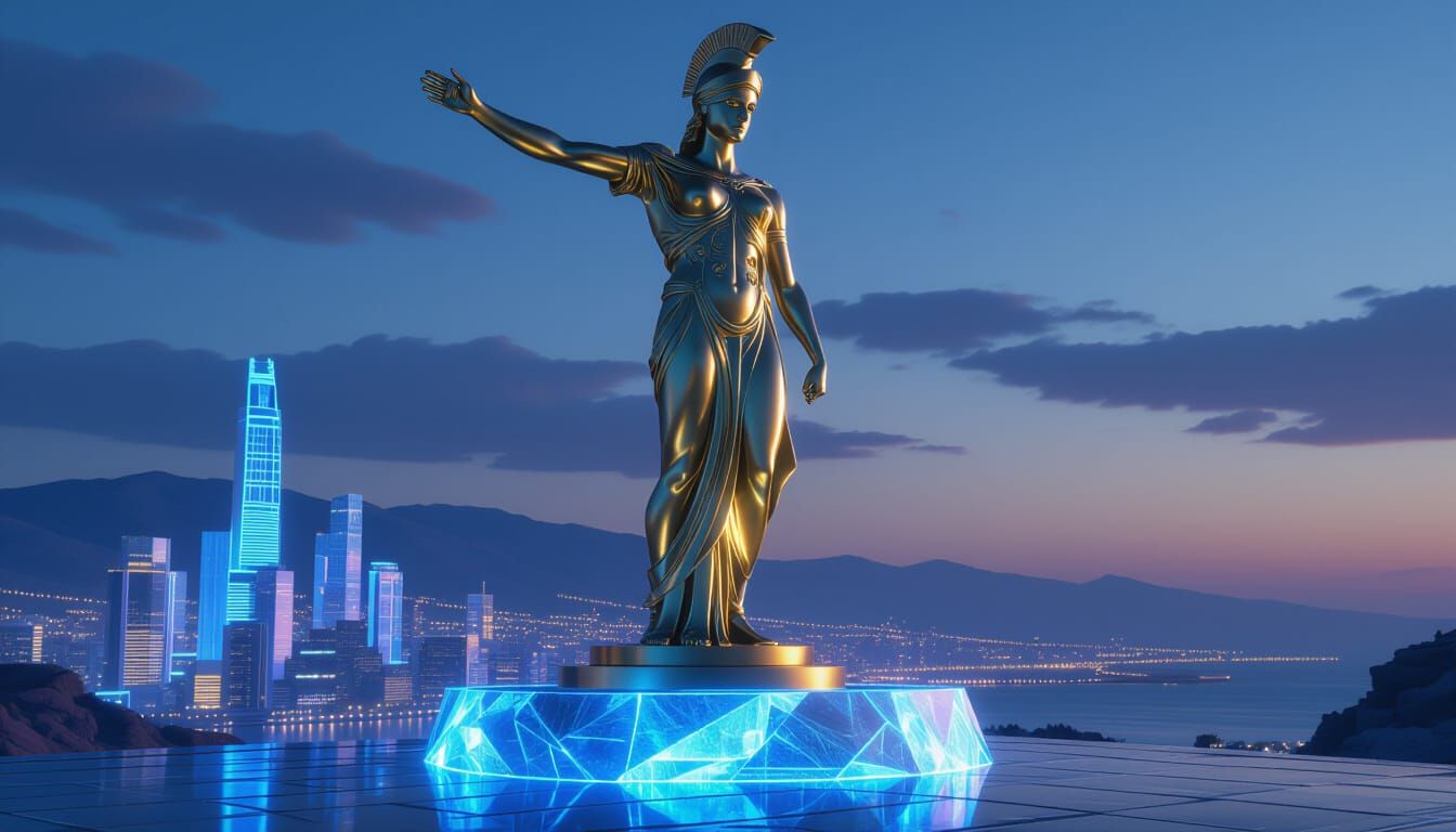 Futuristic Rhodes Statue in Alien Cityscape