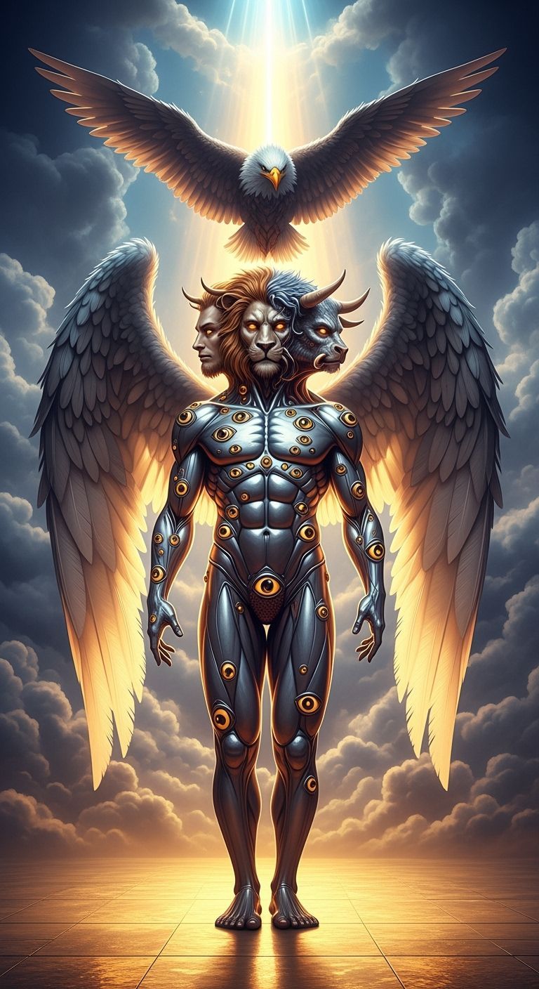 Majestic Four-Faced Cherub with Luminous Wings