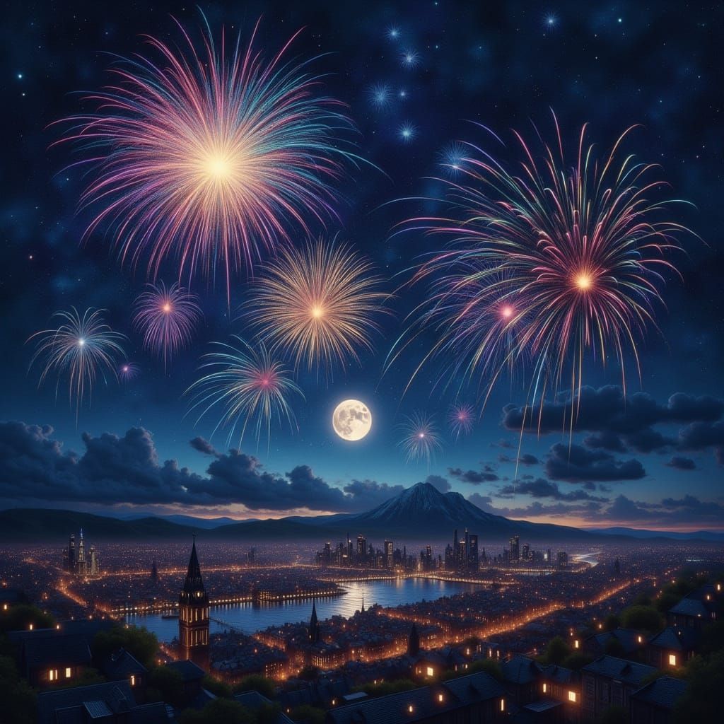 Steampunk Cityscape with Fireworks Under Full Moon
