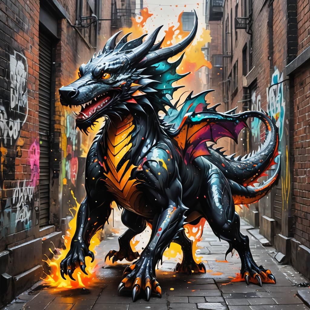 Houndour Dragon Hybrid Roaring: Graffiti Street Art