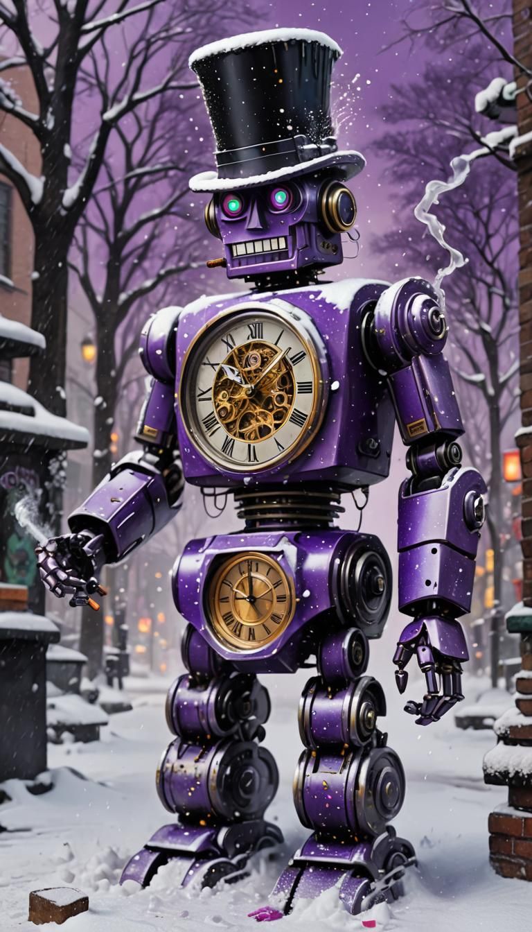 Robot Clock in Snowfall: Graffiti Street Art