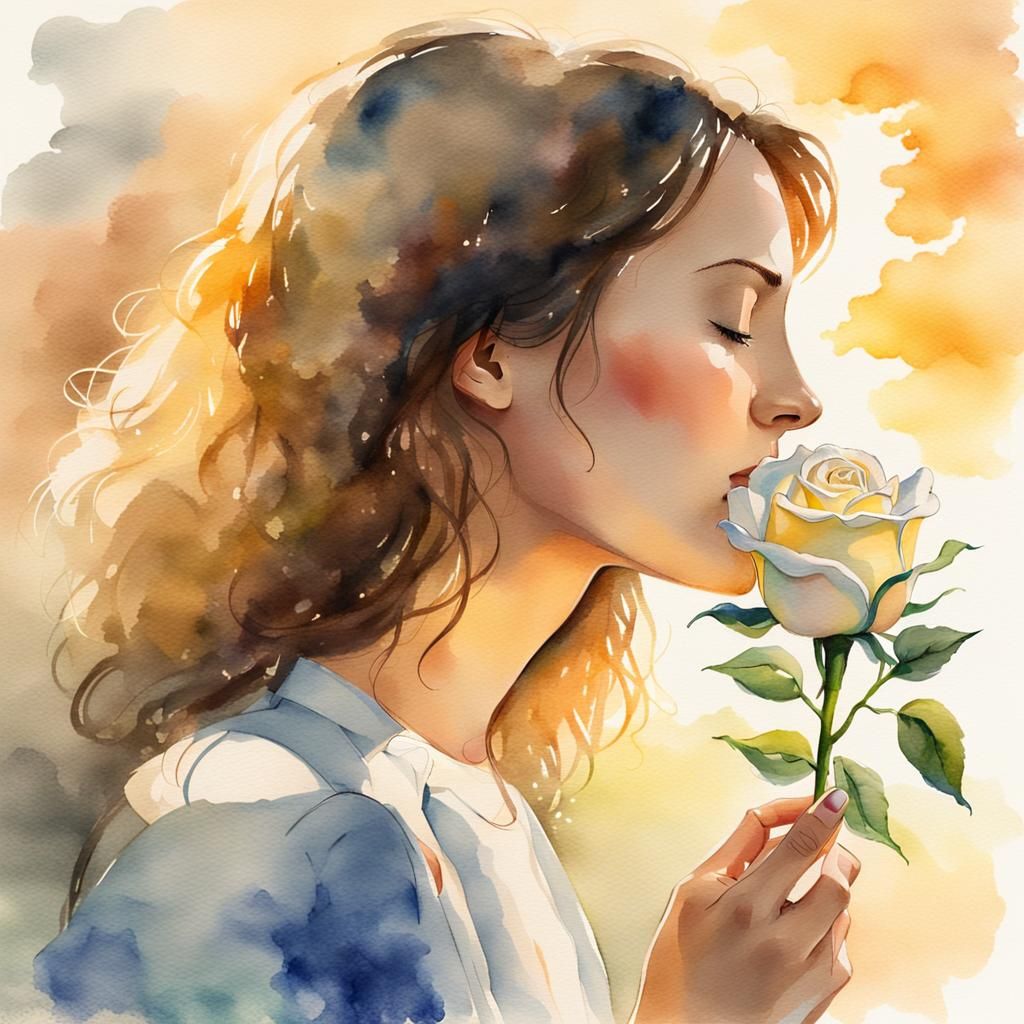 Woman Smelling Rose in Golden Sunlight: Watercolor