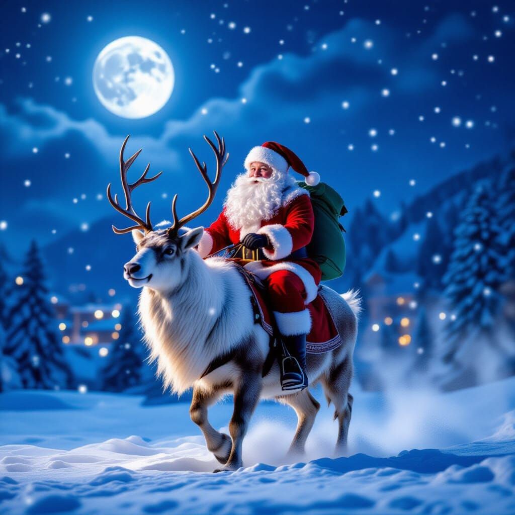 Santa Claus Riding Reindeer Under Moonlit Snowy Rain