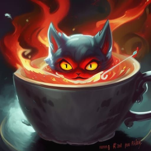 Fiery Teacup: Adorable Demon Kitten Digital Art