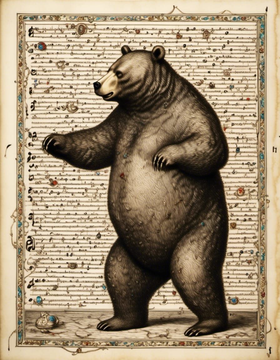 Obese Bear Dancing: Elaborate Calligraphic Line Drawing