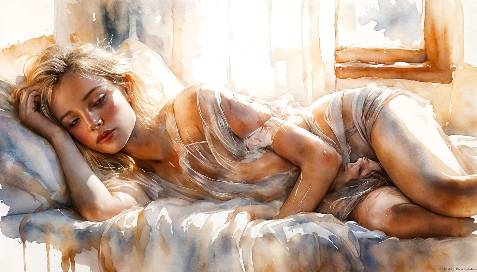 Ethereal Woman in Sunlight, Watercolor Painting