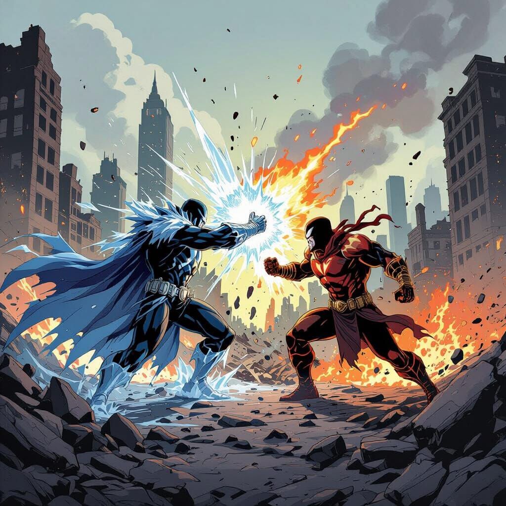 Ice Villain vs Magma Hero Battle in City Ruins