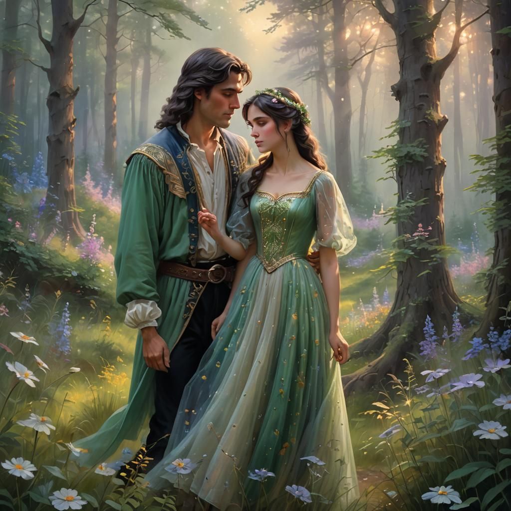 Twilight Forest Encounter in Romantic Painting Style