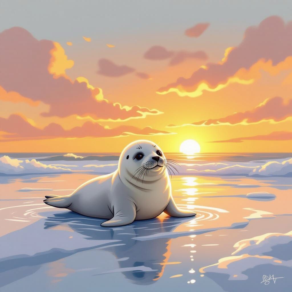 Cute Baby Seal Tries Flipping on Ice at Sunset