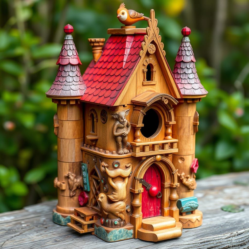 Whimsical Birdhouse Castle with Intricate Carvings
