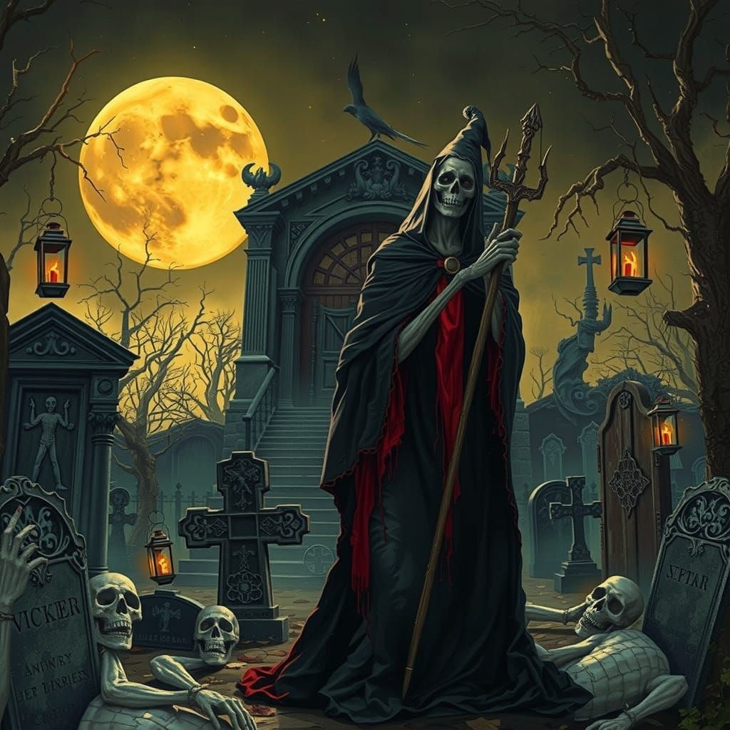 Dark Witch Surrounded by Corpses in a Haunted Graveyard Scen...