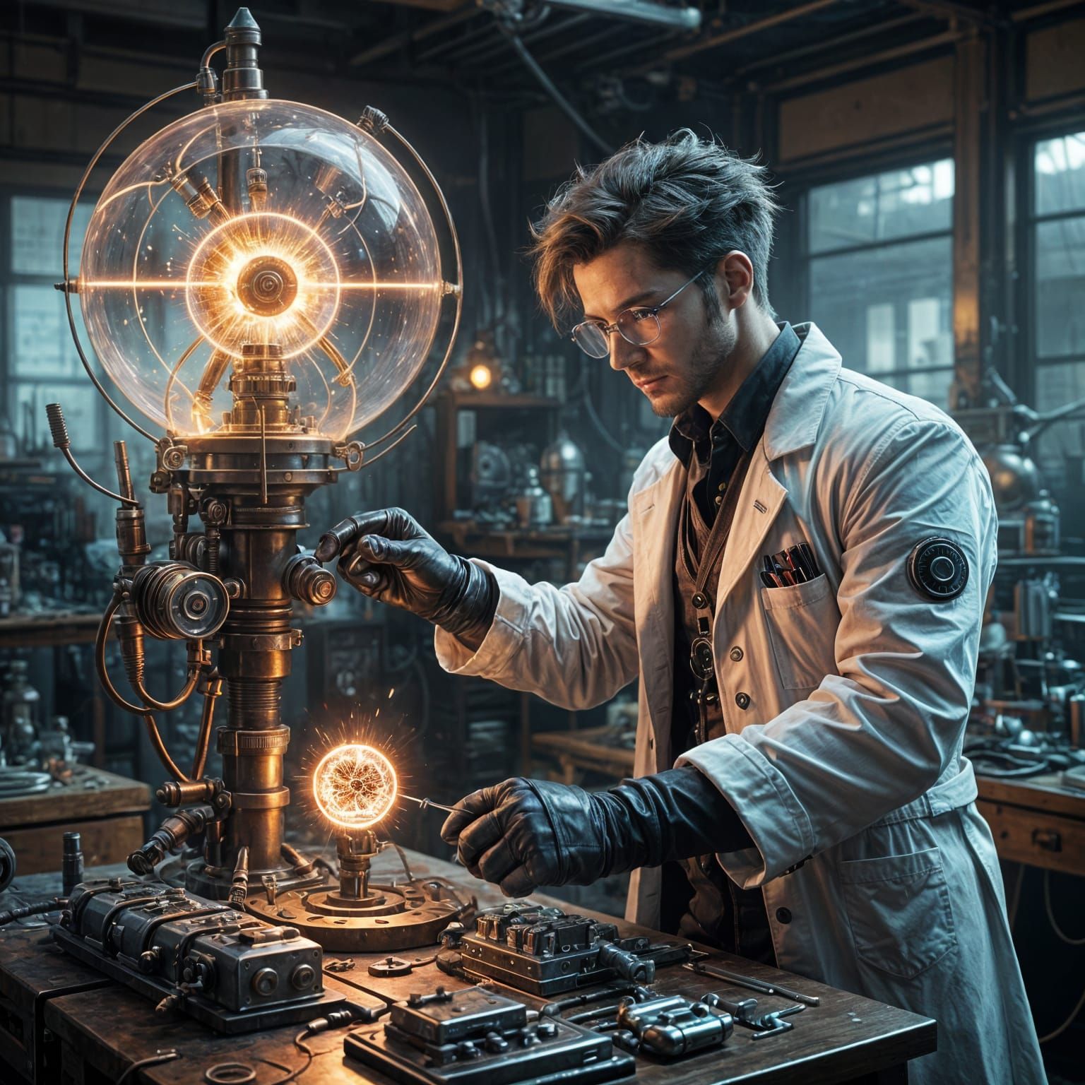 Ingenious Steampunk Inventor in Luminous Workshop