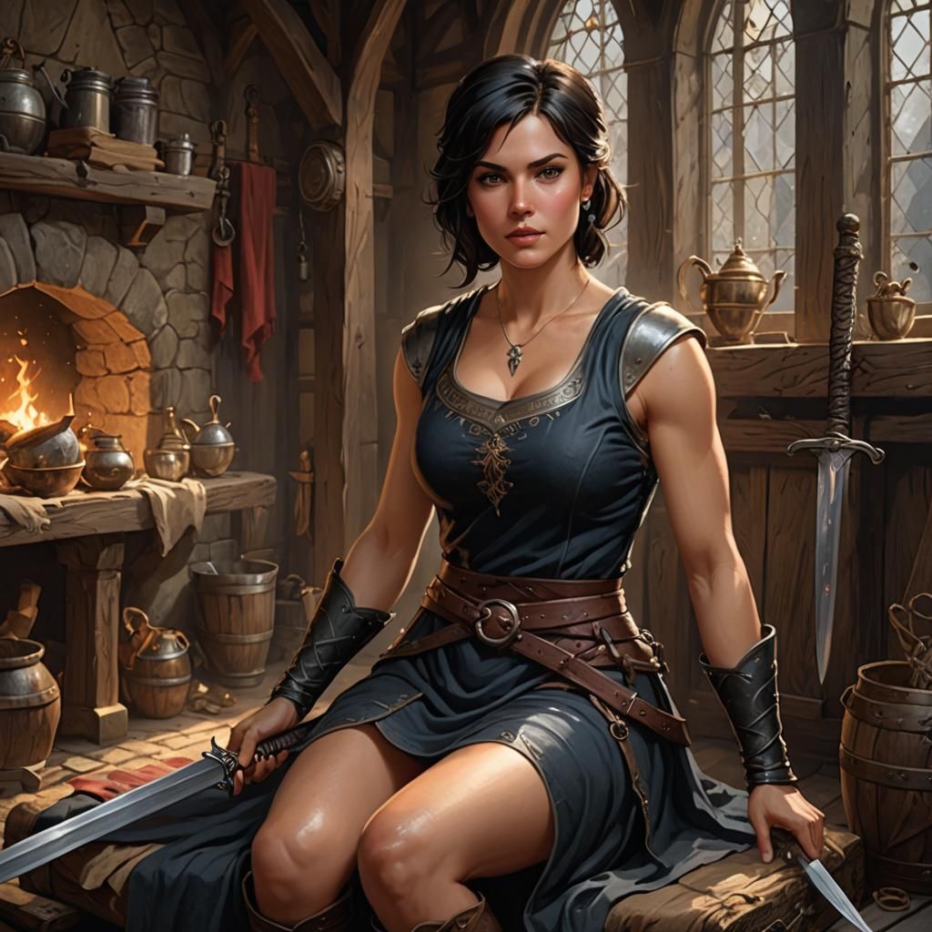 Medieval Woman Cleans Sword in Inn Room