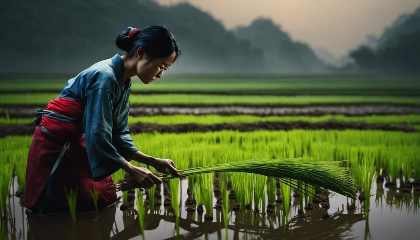 Transplanting Rice Seedlings into Paddy Field