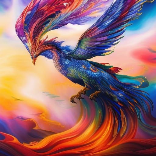 Iridescent Phoenix Soaring in Starry Klimt-esque Sky