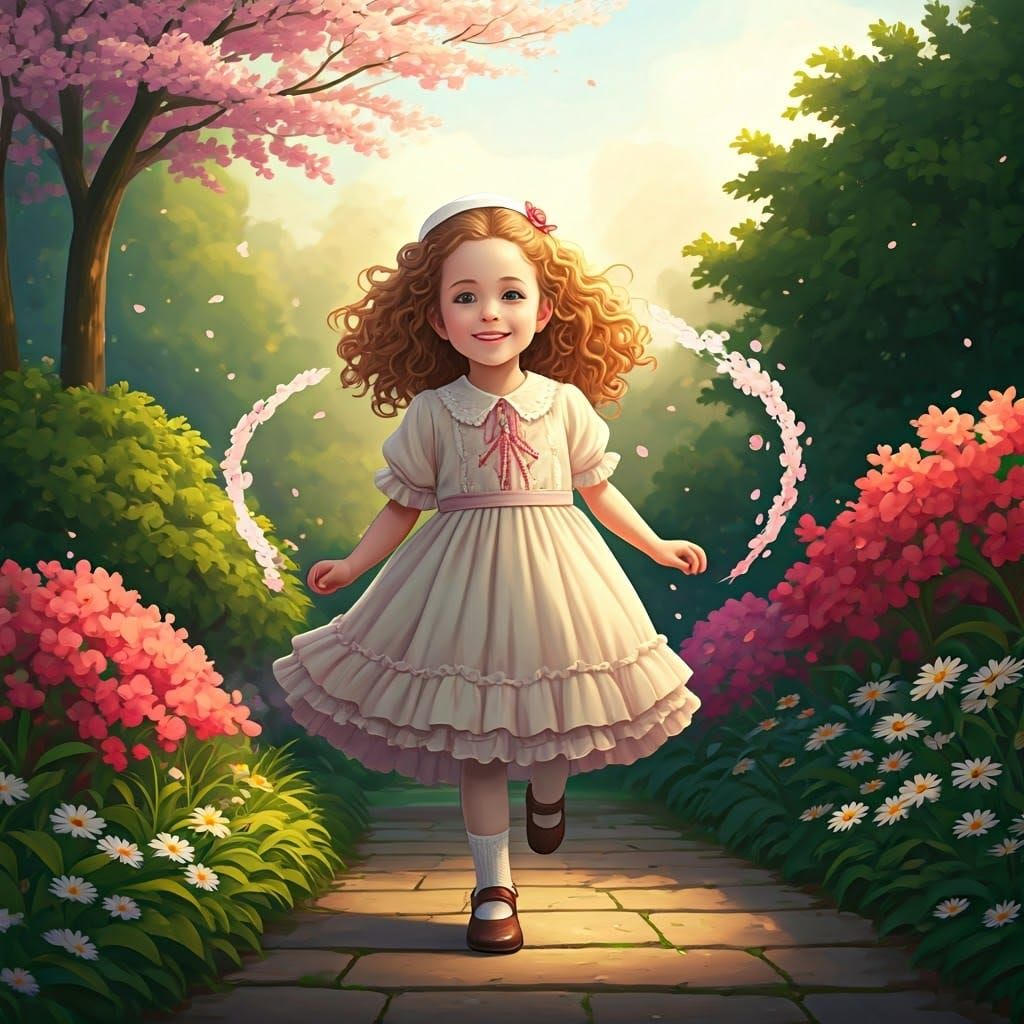 Haredi Kindergarten Girl in a Vibrant Japanese Garden Scene