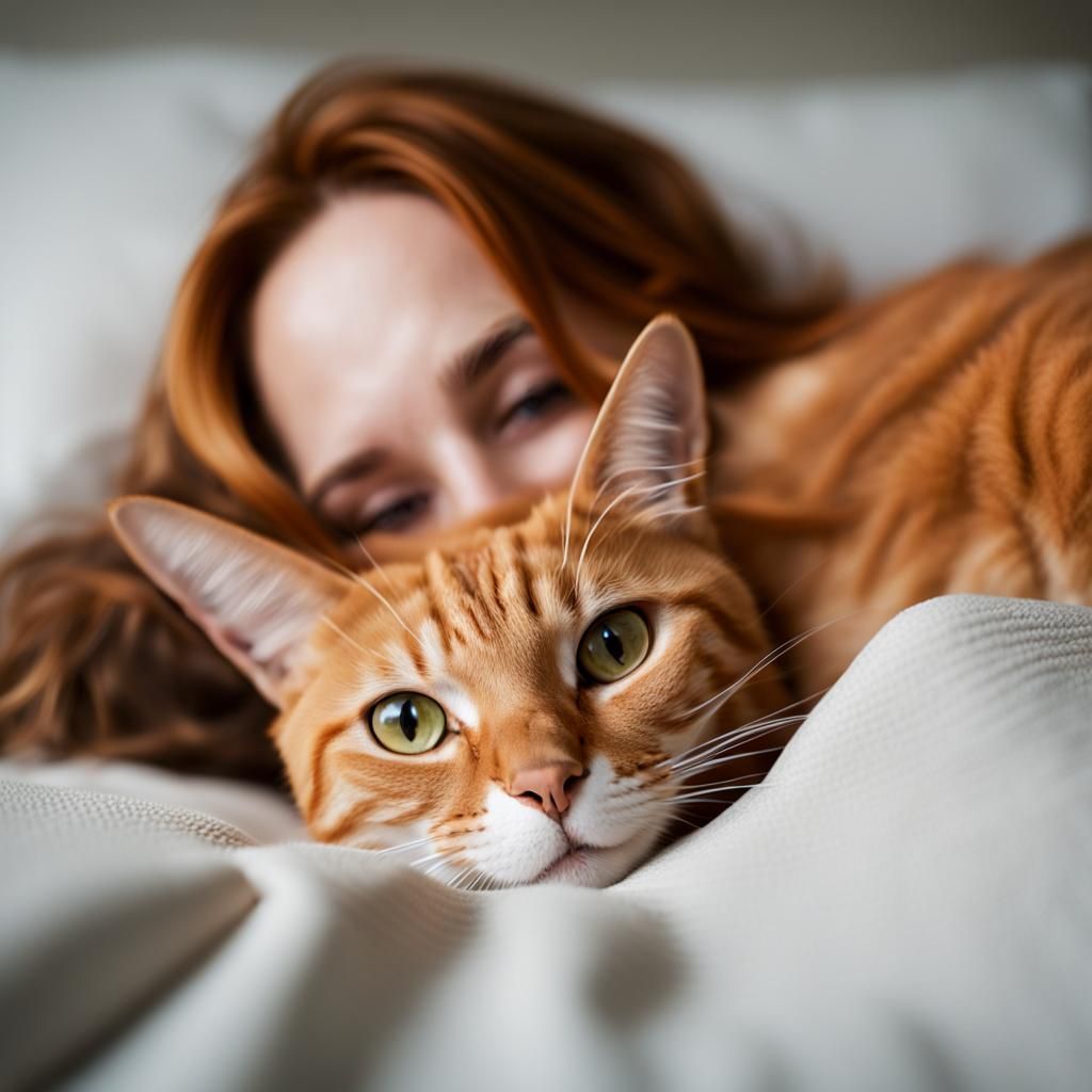Orange Cat Napping on Owner in Bed