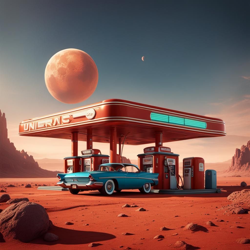 Retro Gas Station on Mars in Detailed Matte Painting