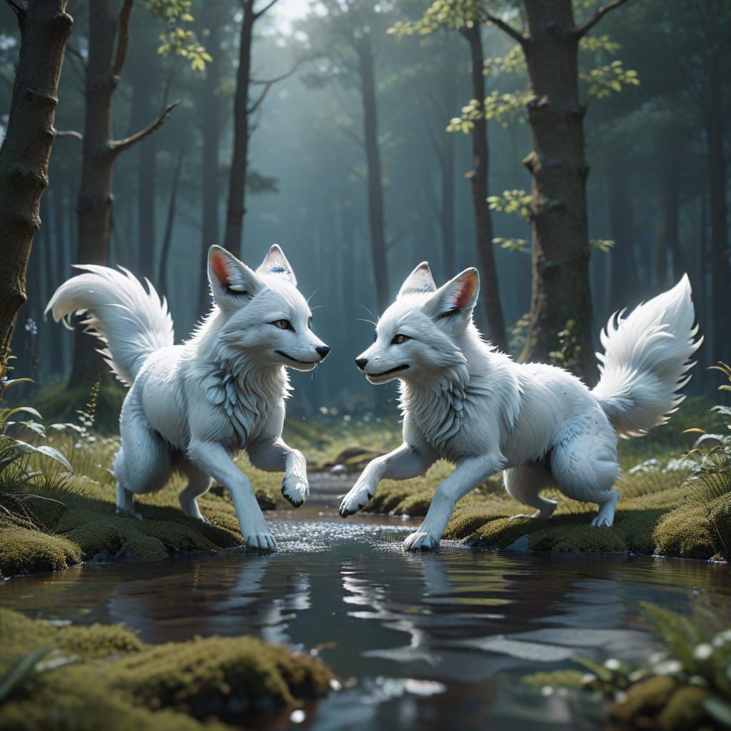 Whimsical Anime-Inspired Foxes Engage in Playful Battle