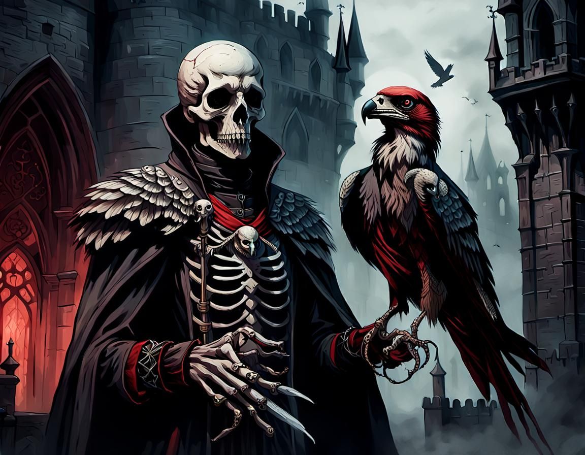 Skeletal Falconer and Bird: Dark Fantasy Portrait