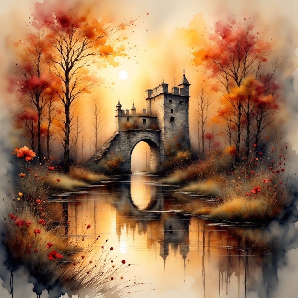 Watercolor Medieval Castle at Sunset