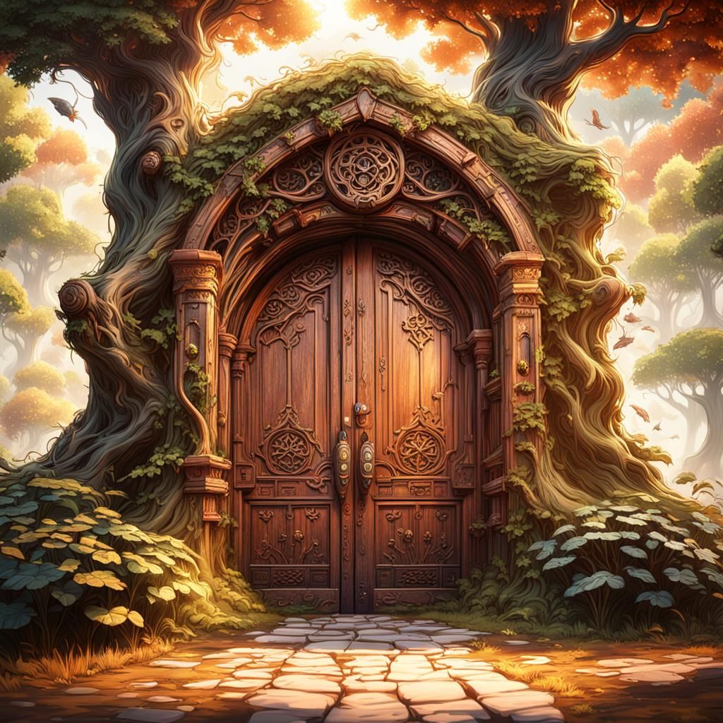 Wooden Door Growing Between Trees: Fantasy Concept Art