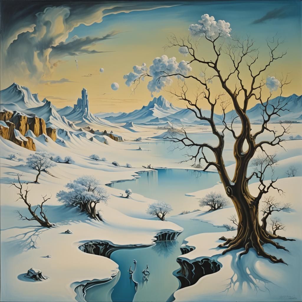 Surreal Winter Scene as Melting Oil Painting